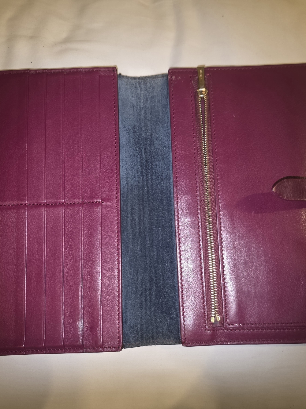 CELINE Leather 10 Card Holder Zip Wallet Clutch in Deep Berry